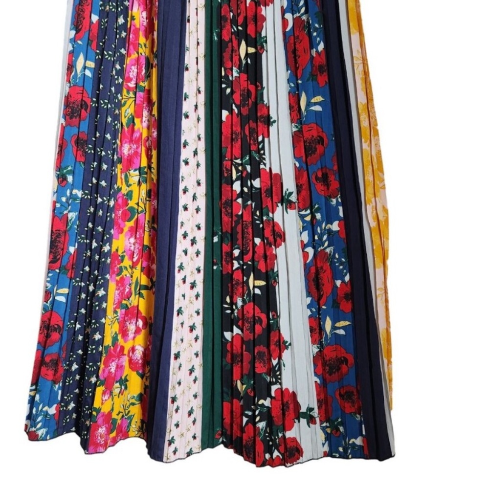 Anthropologie mixed print floral pleated boho elegant midi satin silk skirt - Picture 3 of 12